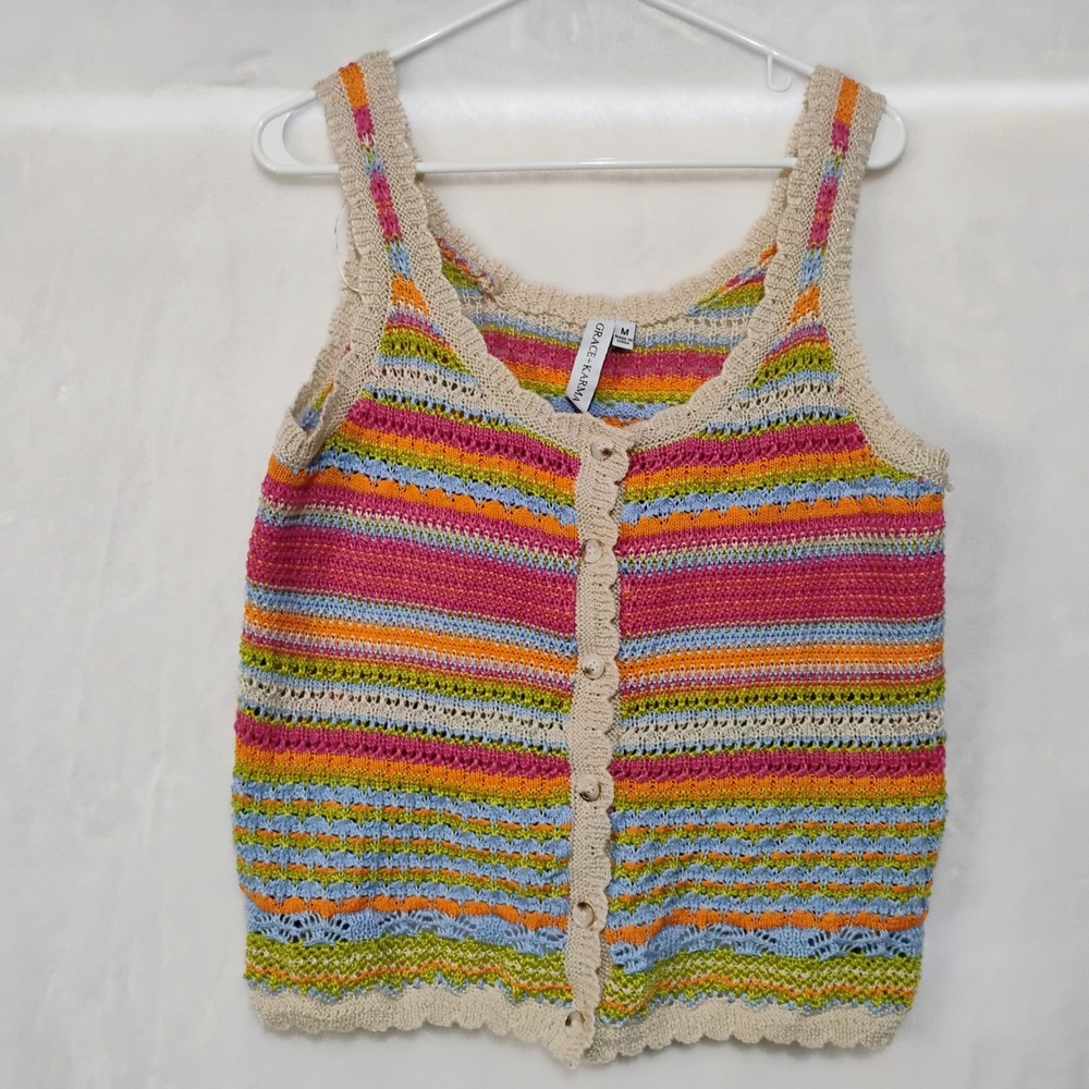 Grace+Karma Womens M Multicolor Striped Crochet Knit Button Front Tank Top Boho